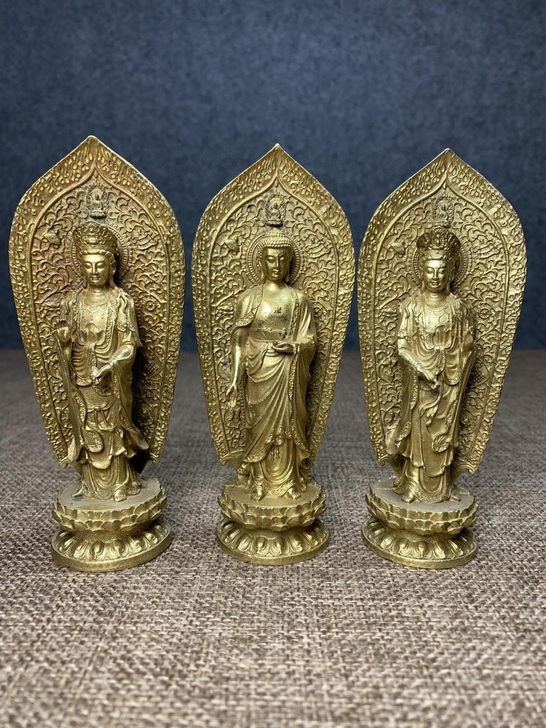 寺庙附近淘来旧货西方三圣铜佛释迦摩尼大势至...