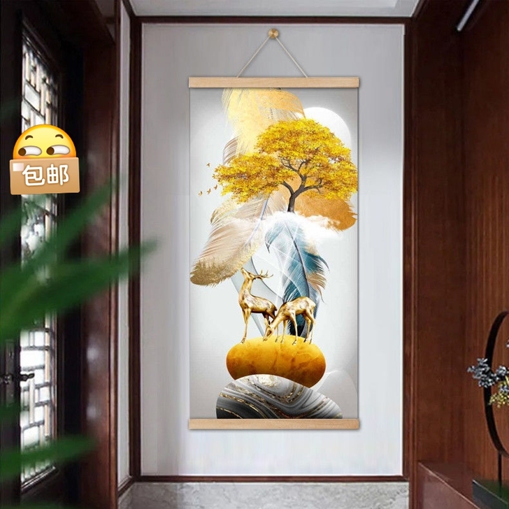 入户玄关装饰画竖版晶瓷镶钻走廊过道墙壁画现...
