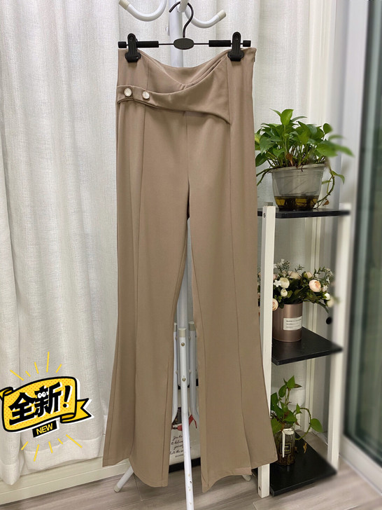 高腰开叉阔腿裤长裤女，卡其色，西装料。腰部...