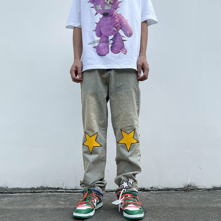 美式复古做旧水洗刺绣牛仔裤男夏季薄款潮牌宽...