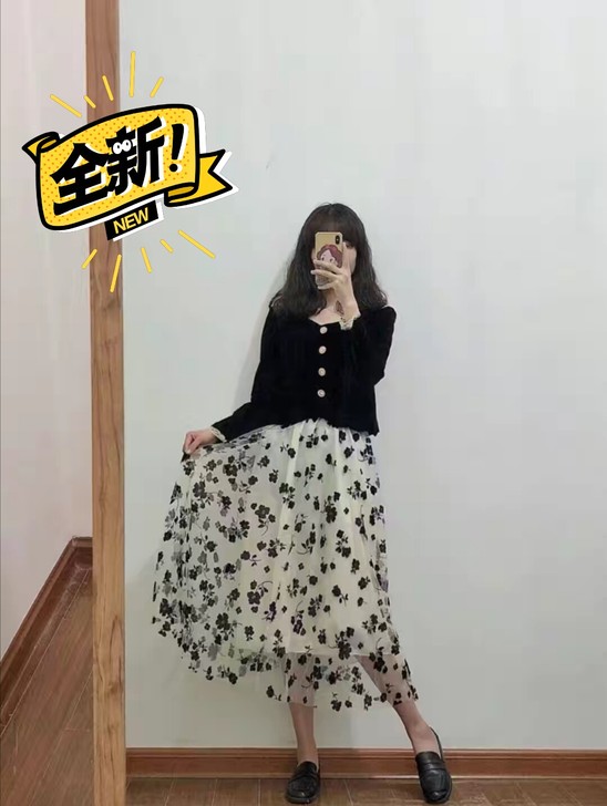 小碎花网纱裙2021春夏中长款纱裙百搭高腰...