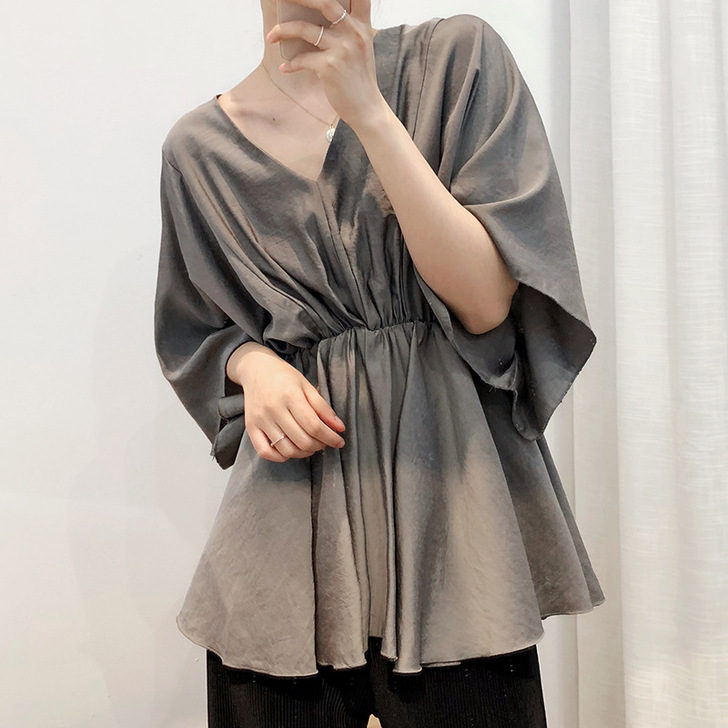 a字收腰裙摆蓬蓬雪纺衫女短袖夏新款气质设计...