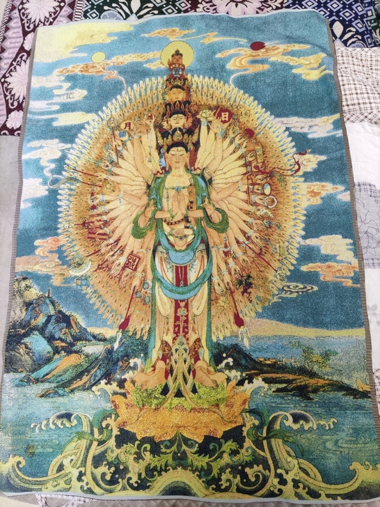 高品唐卡，宗教刺绣画 千手观音，丝绸刺绣织...