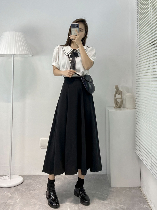 黑色半身裙中长款夏季高腰遮胯a字裙垂感大摆...