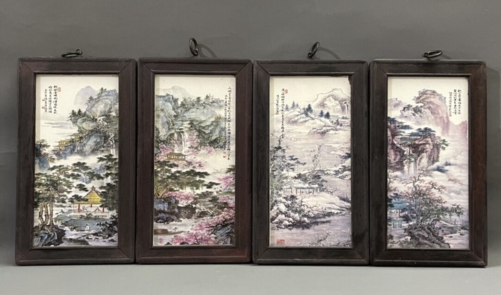 花梨木边框内镶粉彩山水瓷板画《青山绿水》四...