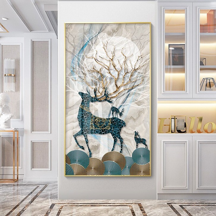 玄关装饰画轻奢鹿走廊尽头挂画现代简约竖版入...