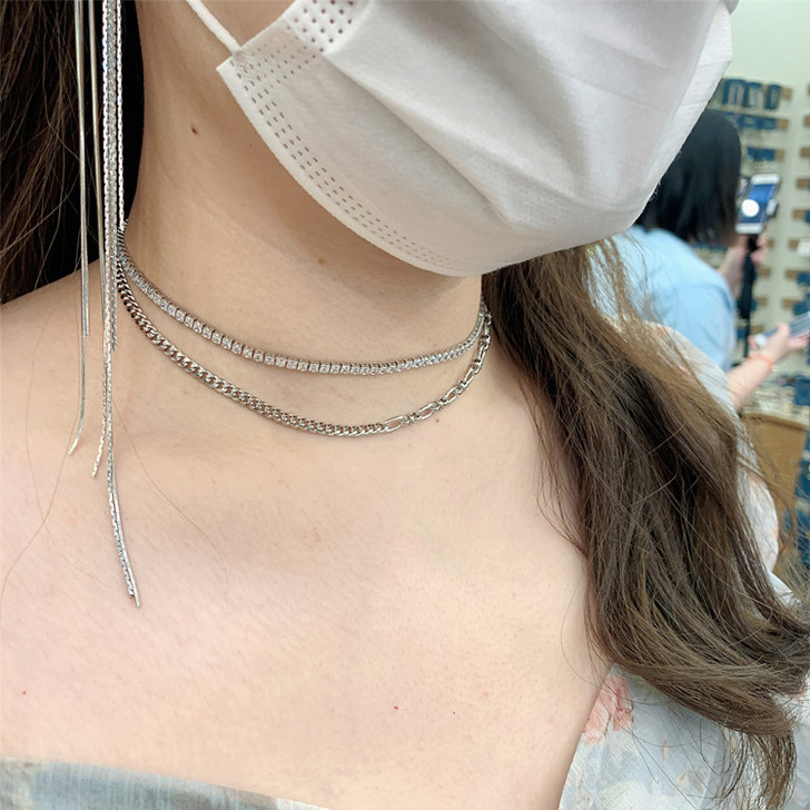 韩国东大门BLUSH双层水晶钻石坦克链拼接...