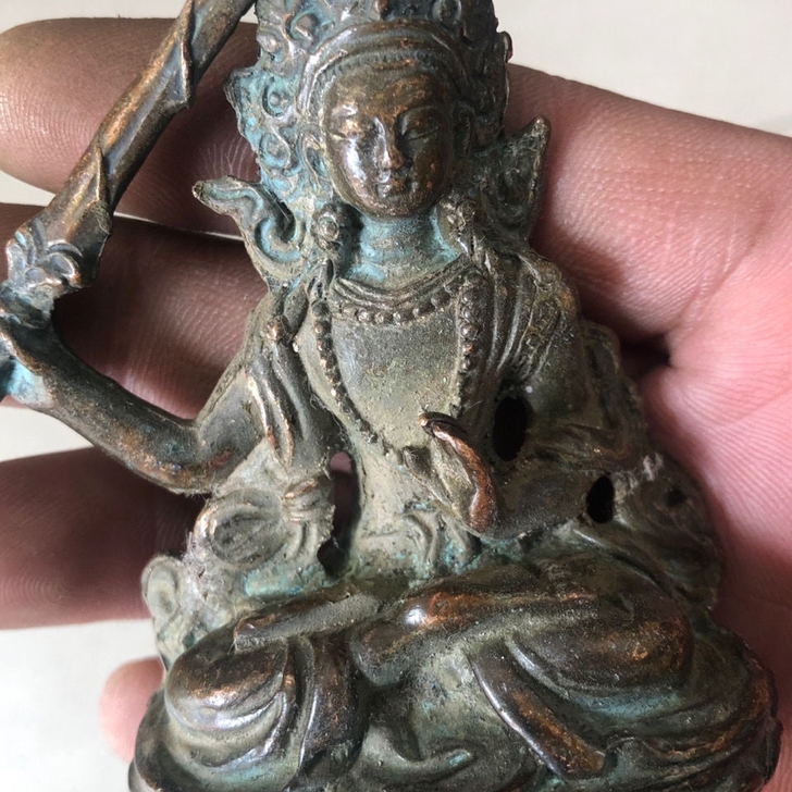 老物件古玩杂项收藏黄铜文殊菩萨铜像铜佛小摆...