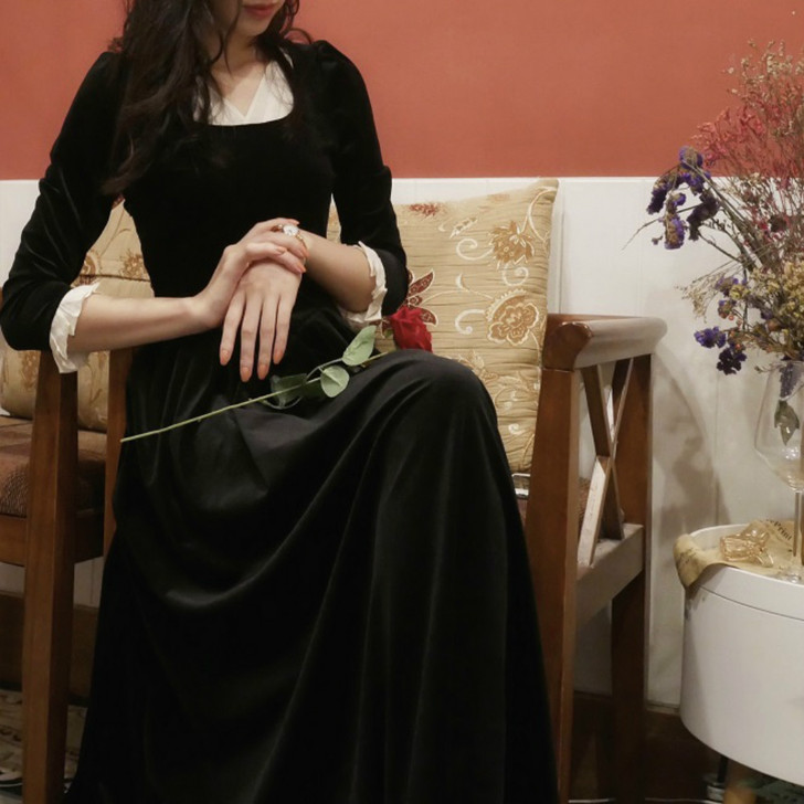 StMorris复刻油画丝绒长裙方领高腰显...