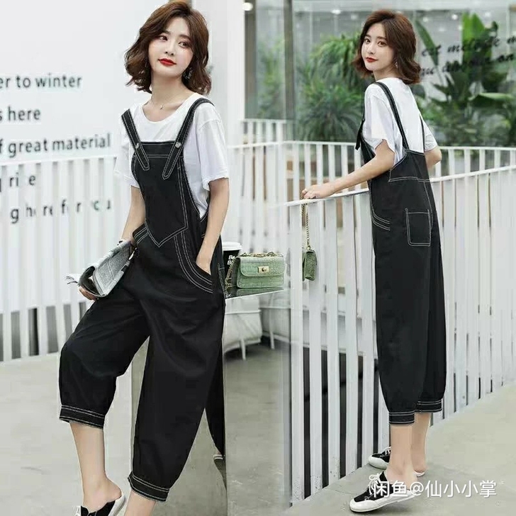 九分背带牛仔裤女宽松