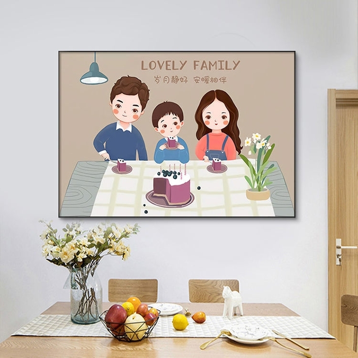 幸福一家人卡通餐厅装饰画现代简约壁画创意饭...