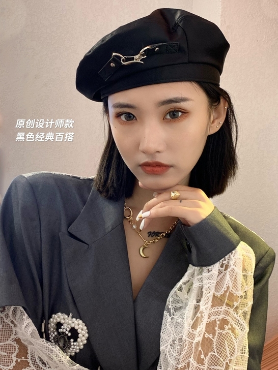 夏季黑色贝雷帽女薄款大头围金属皮带扣英伦画...