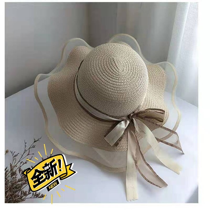 全新 夏季新款蝴蝶结草帽女 沙滩遮阳防晒...