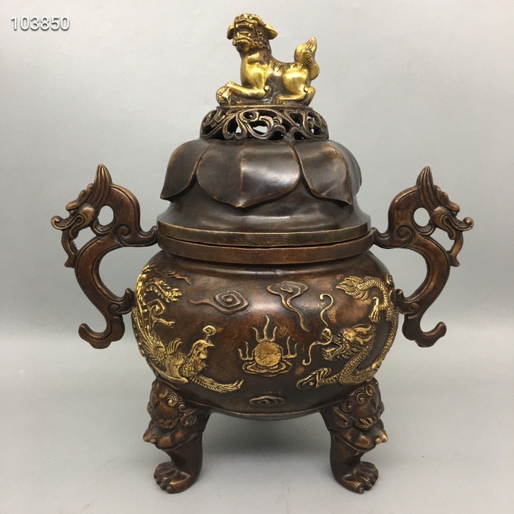 古玩铜器收藏，狮盖龙耳龙凤熏香炉，工艺精湛...