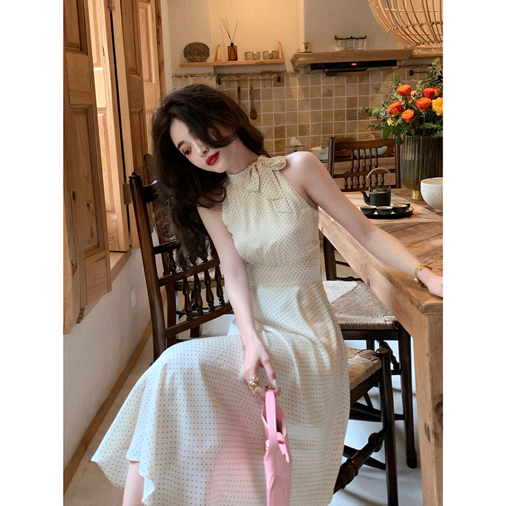 复古浪漫港风削肩印花双色连衣裙「majim...