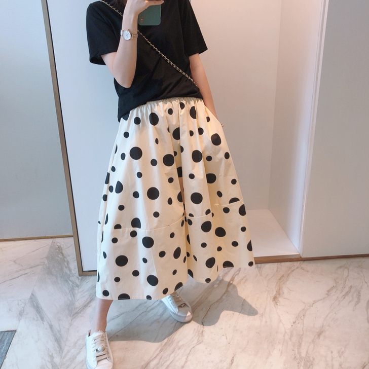 大波点伞裙中长款气质韩版夏季20新松紧腰棉...