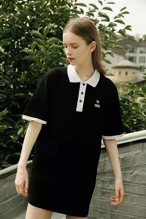 运动风 韩国 女POLO裙长款T恤连衣裙字...