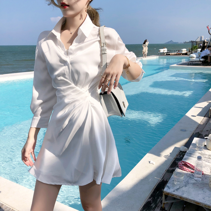 ByYou 2019夏季收腰白色连衣裙显瘦...