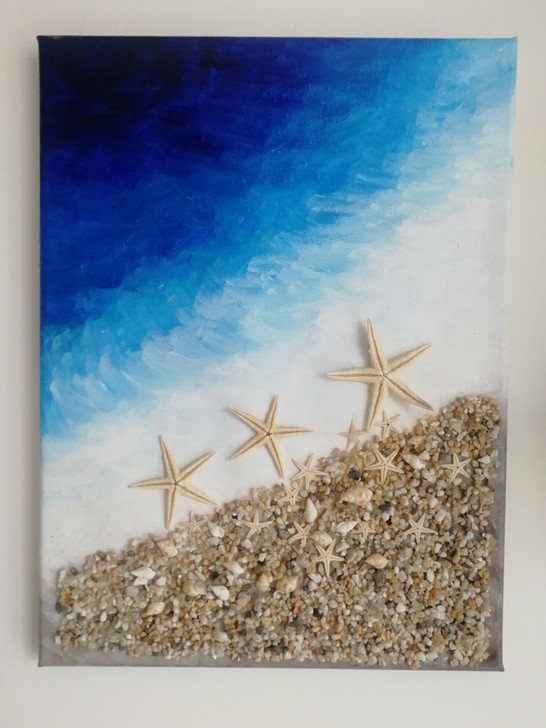 纯手绘丙烯画《沙滩》，画上采用海沙、海螺、...