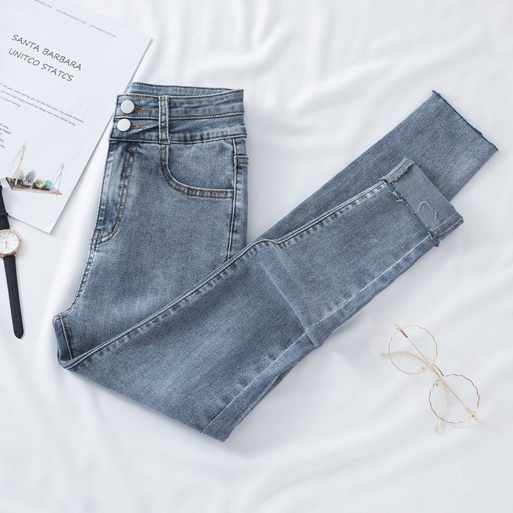 高腰牛仔裤女春秋新款大码九分长裤修身小脚显...