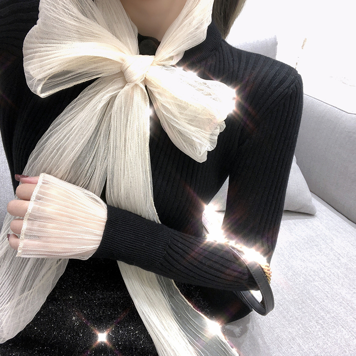 ByYou 秋冬黑色毛衣女网纱拼接针织衫女...