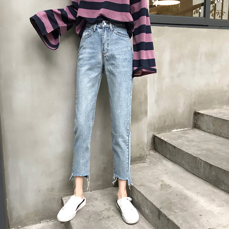 牛仔裤女春季2019新款韩版高腰显瘦阔腿直...