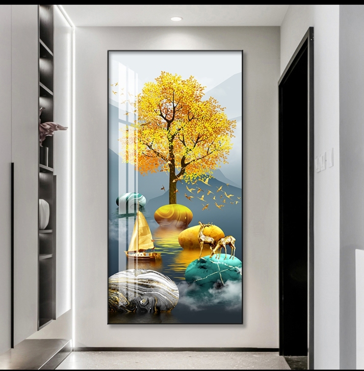 轻奢现代玄关装饰画发财树简约客厅晶钻走廊挂...