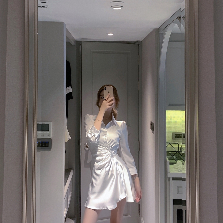 ByYou 夏季衬衫领白色绸缎连衣裙女设计...