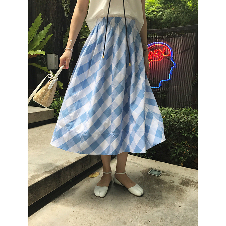 【13C】2018夏季新款蓝白格子拼接蓬蓬...
