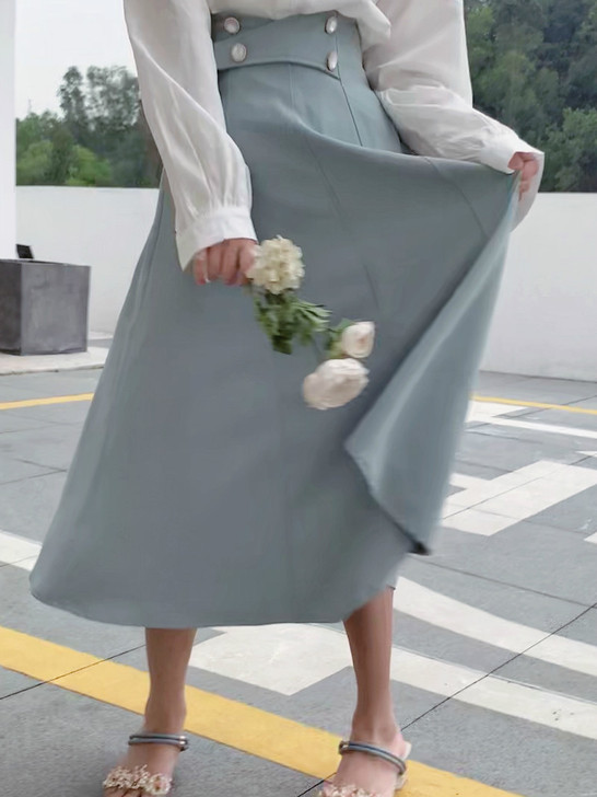 「LIZI」春夏中长款a字裙高腰显瘦伞裙纯...