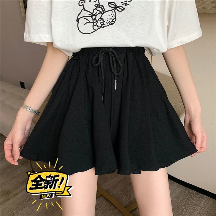 短裙短裤黑色裤子女宽松夏高腰抽绳百搭显瘦休...