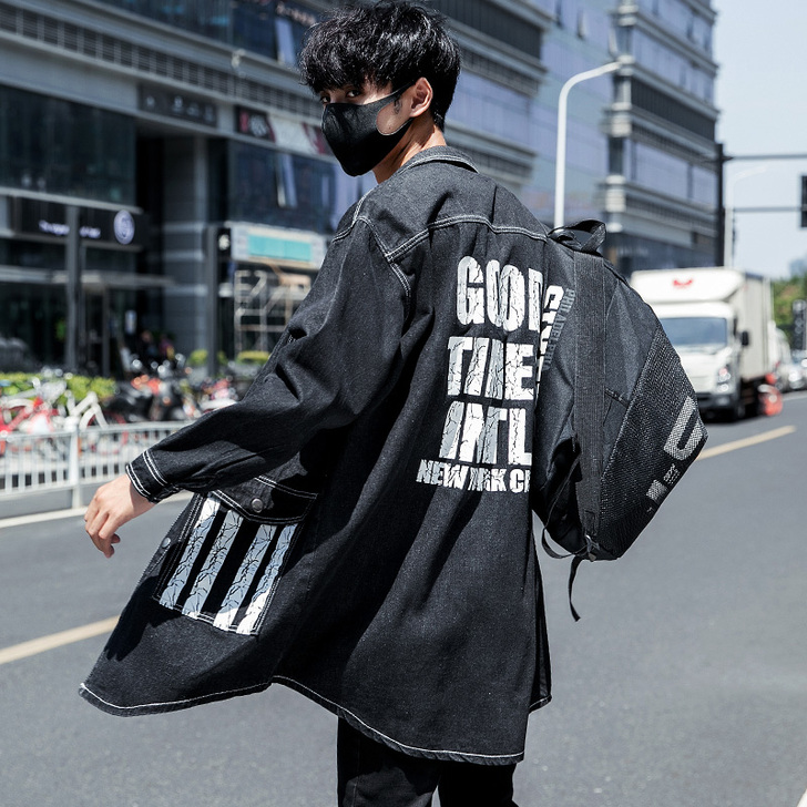 秋季宽松大衣中长款黑色牛仔风衣男士加肥加大...