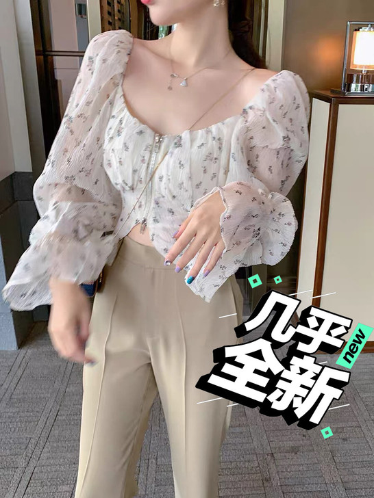 ByYou 气质泡泡袖薄款露肩方领碎花雪纺...