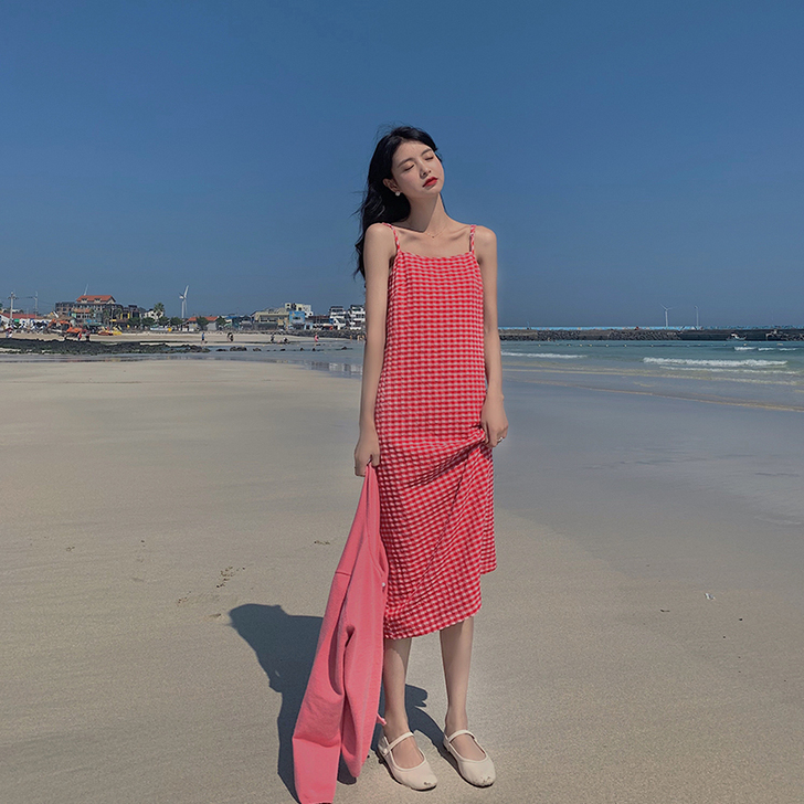 范智乔 格子连衣裙收腰显瘦气质长裙2019...
