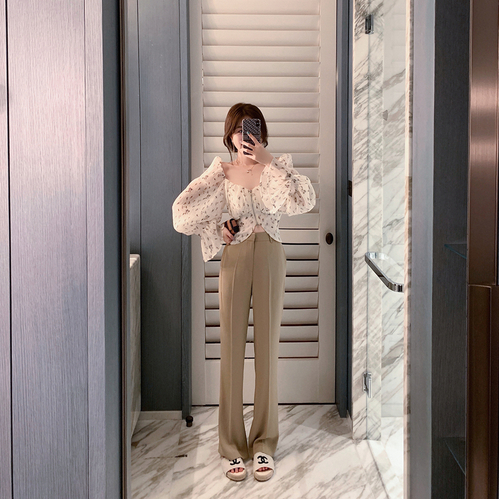 ByYou 气质泡泡袖薄款露肩方领碎花雪纺...