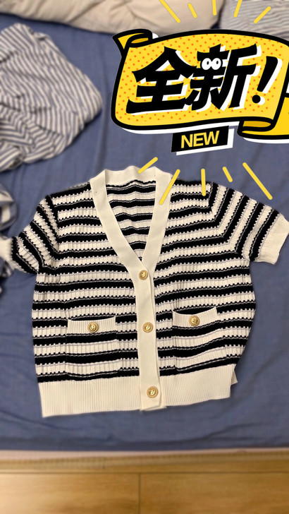 针织衫上衣 小香风 时尚洋气条纹拼接短袖薄...