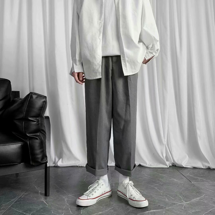 日系坠感裤黑色痞帅高街九分裤男夏季薄款直筒...