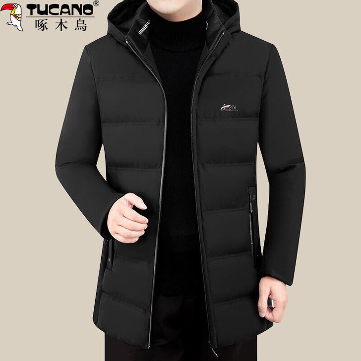 啄木鸟中年男士中长款棉衣连帽冬装休闲棉服中...