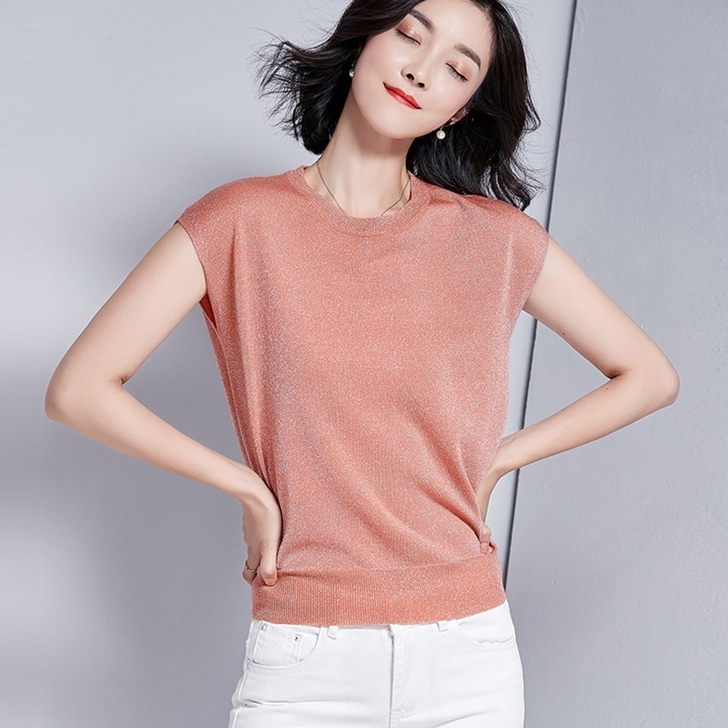 薄款冰丝短袖针织衫女新款简约套头圆领亮丝落...