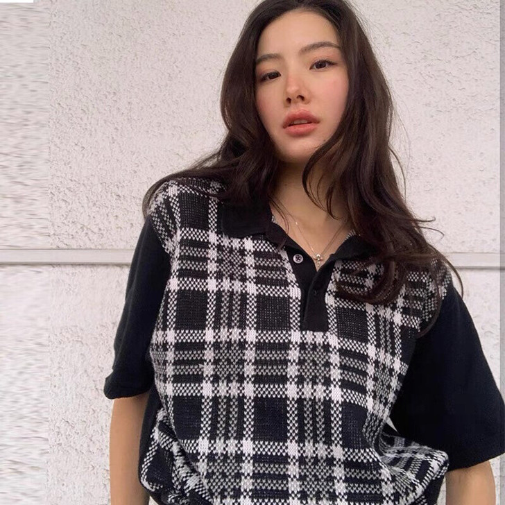 美式复古黑色格子开领针织衫 全新偏厚，夏天...