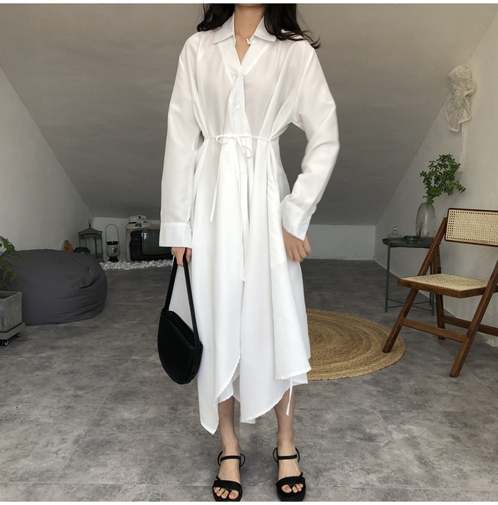 港风春款白色冷淡风设计款不规则衬衫连衣裙
