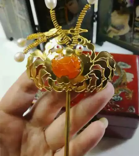 纯银鎏金花丝镶嵌螃蟹簪子    包邮， 簪...