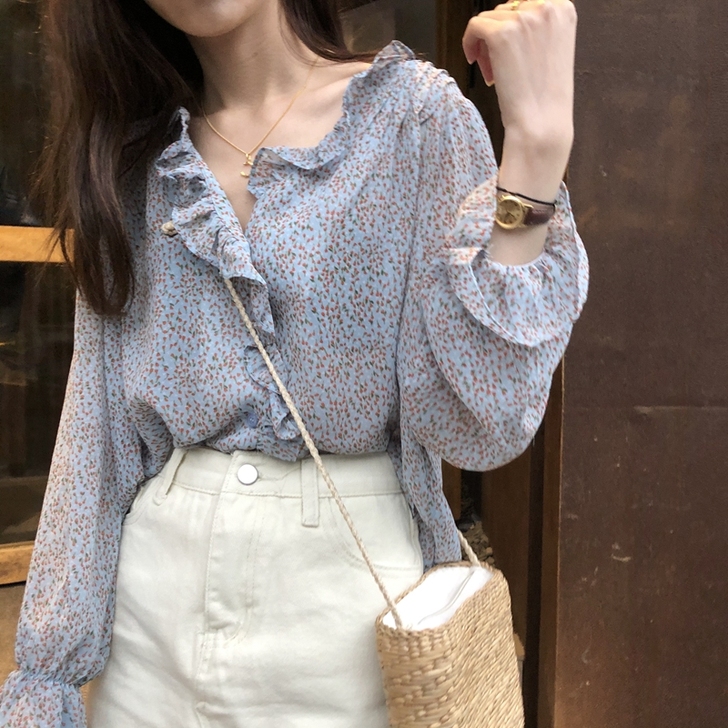 34包邮!!!乌77假日感立体木耳边雪纺衫...