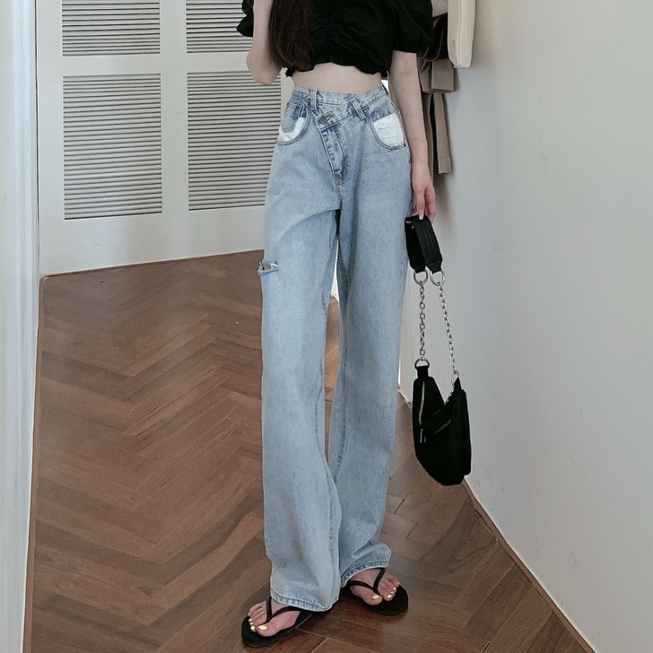 破洞牛仔裤女显瘦夏季百搭老爹裤垂感高腰阔腿...