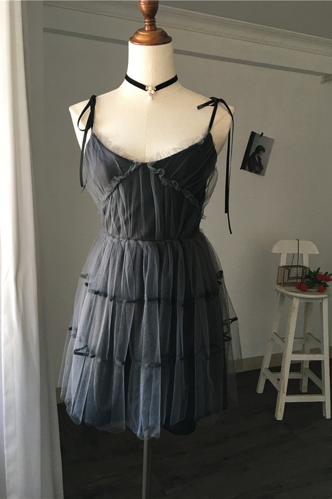 暗黑风 浪漫气质深灰色仙气薄纱吊带裙法式少...