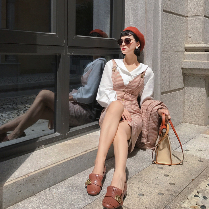 鹿阿姨卓叔叔港风复古格子背带裙连衣裙