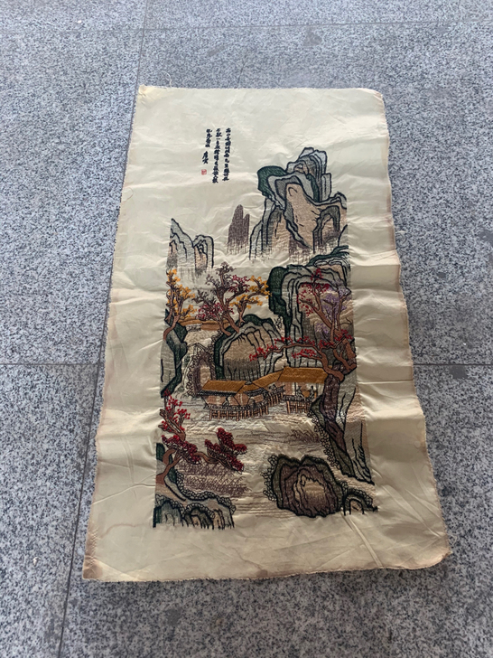 唐伯虎山水刺绣画一幅民俗文化老布料