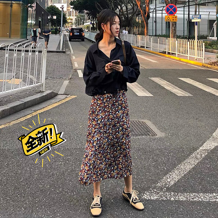 辫子时油画花朵碎花复古气质雪纺后开叉长裙