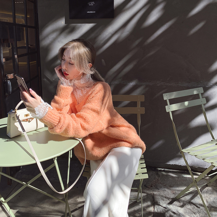 ByYou 2019冬季慵懒风橘色V领羊毛...