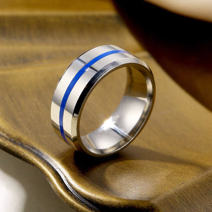 单身男士钛钢戒指个性条纹蓝色戒指食指霸气朋...